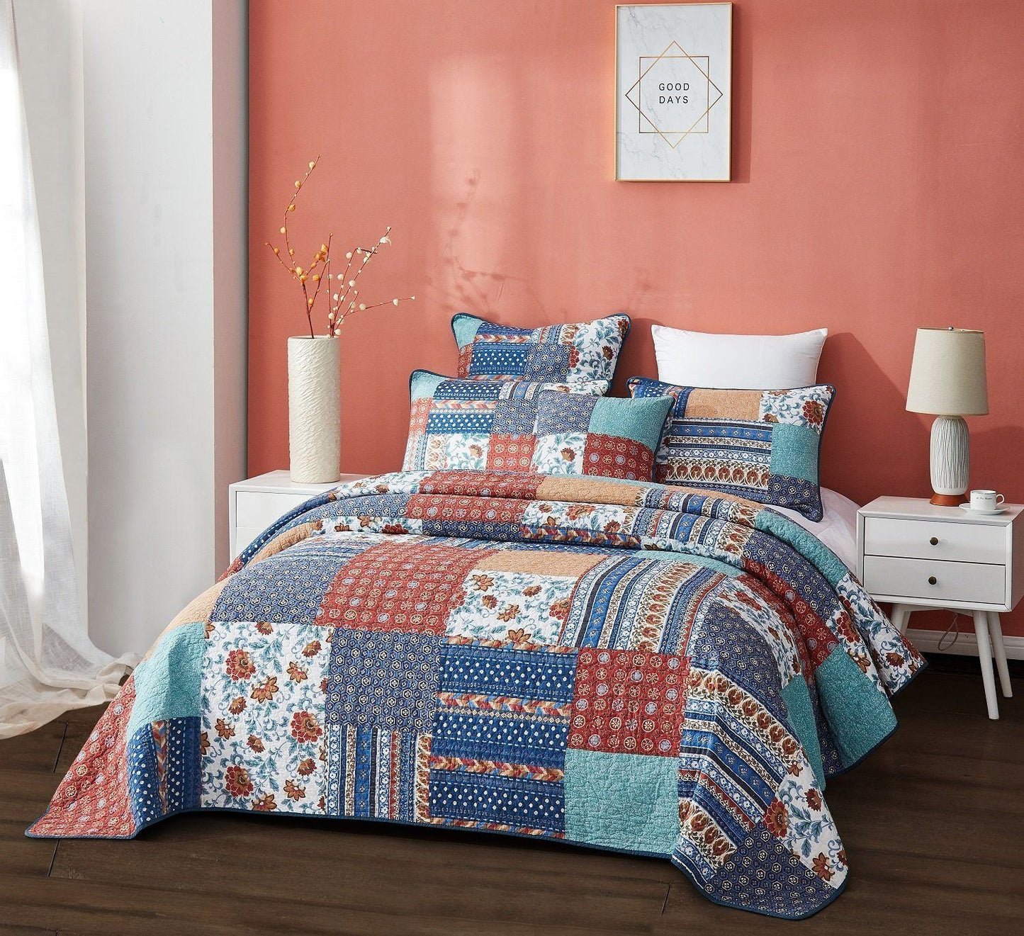 DaDa Bedding Bohemian Vibes Mediterranean Blue Floral Patchwork Quilted Bedspread Set (JHW878)