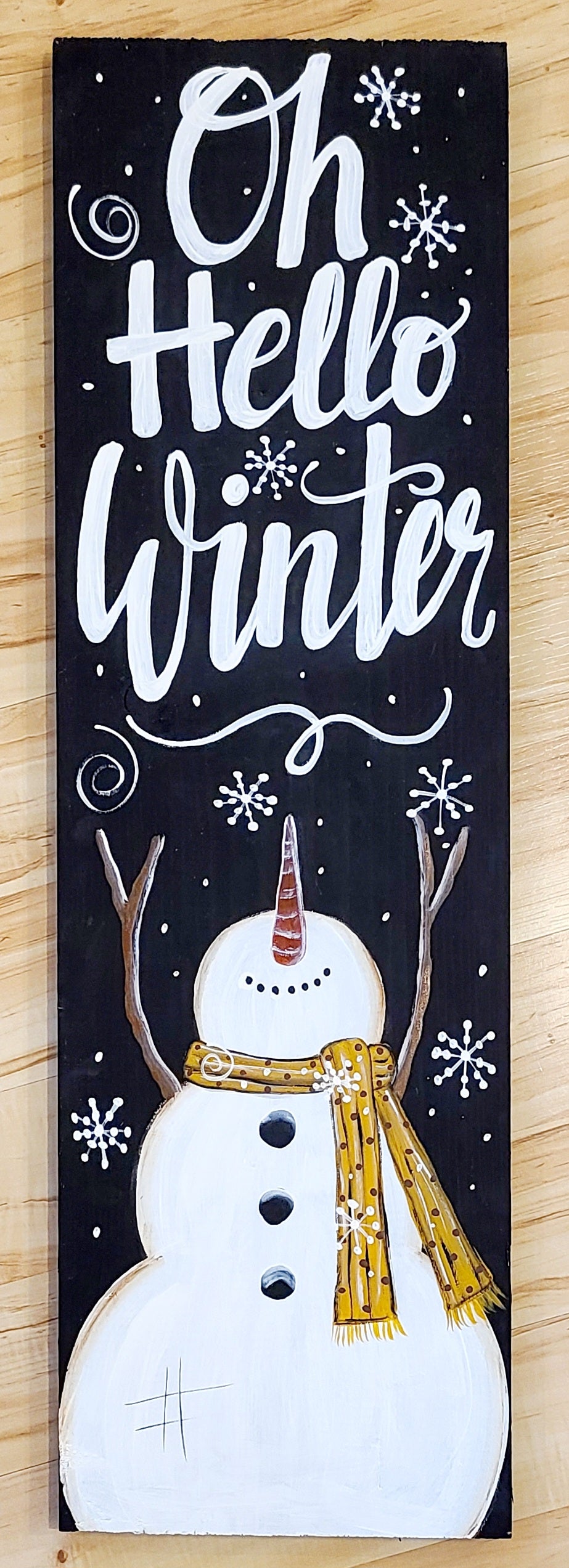 Hand-painted Hello Winter Snowman Sign