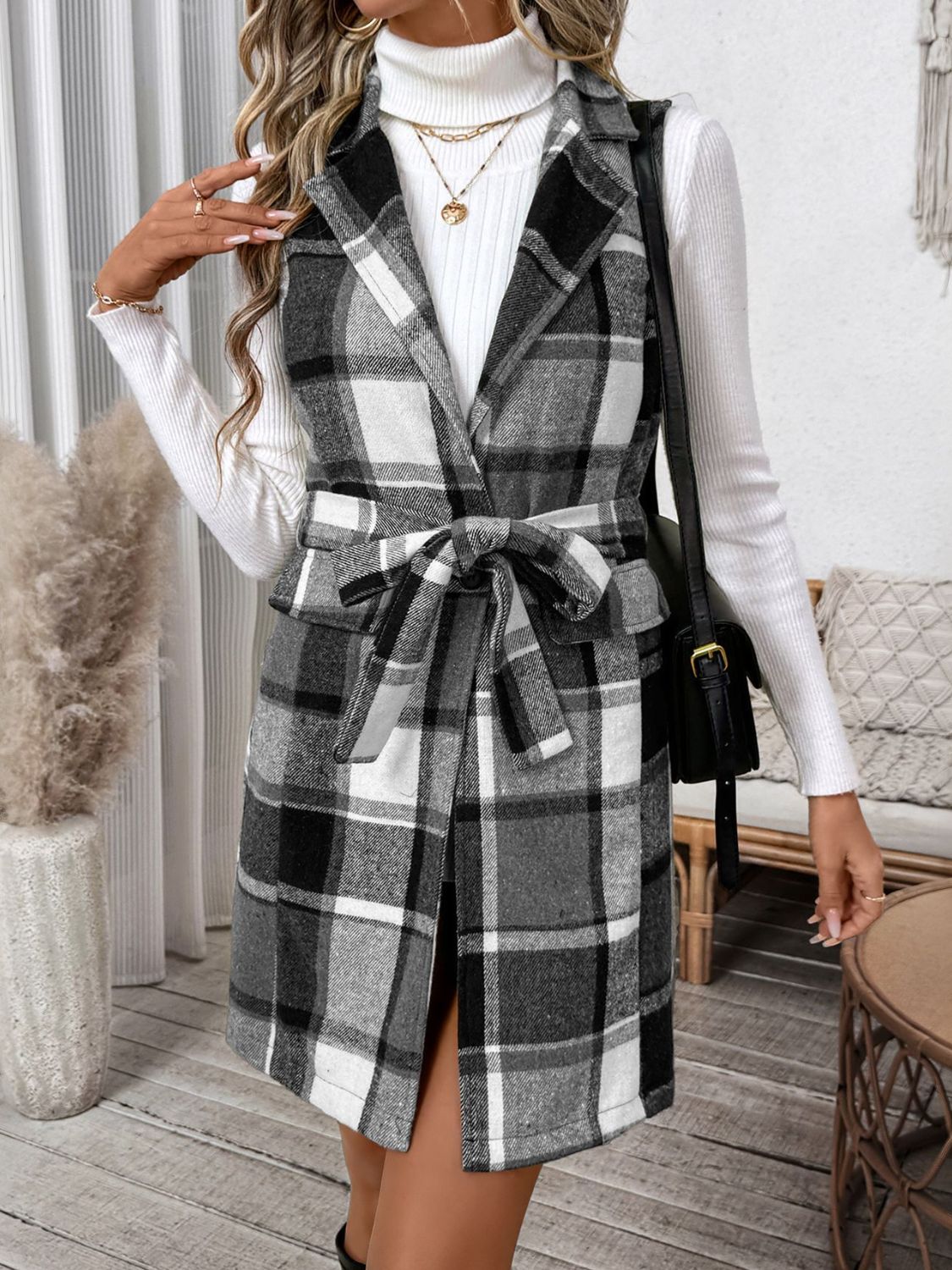 Perfee Tied Plaid Vest Coat