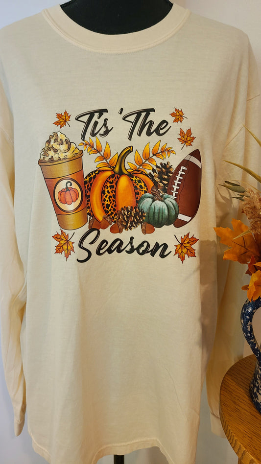 Cream Tis The Season Football Long Sleeve Tee