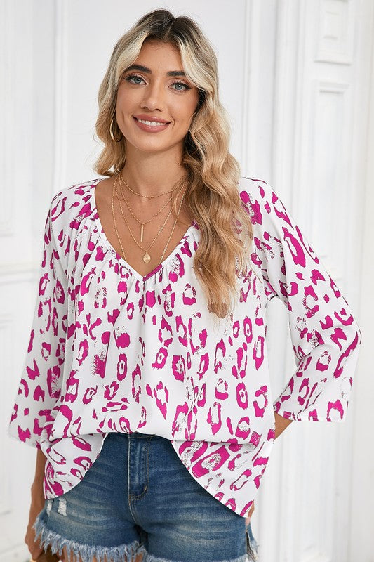 Leopard Print V Neck 3/4 Sleeve Blouse