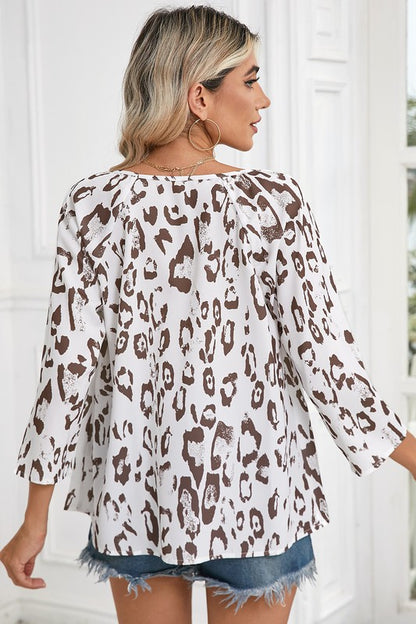 Leopard Print V Neck 3/4 Sleeve Blouse