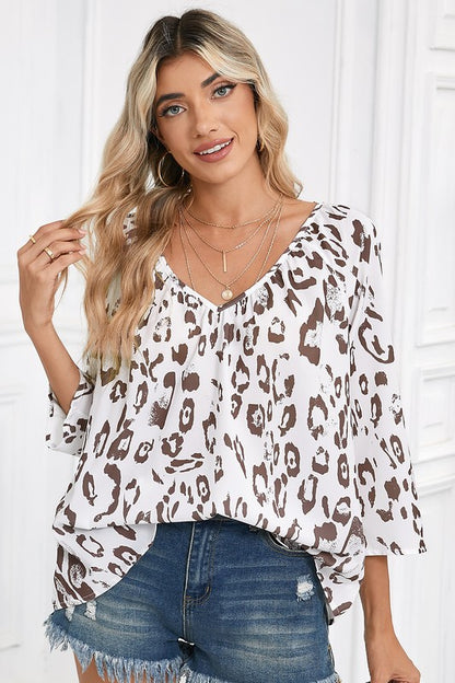 Leopard Print V Neck 3/4 Sleeve Blouse