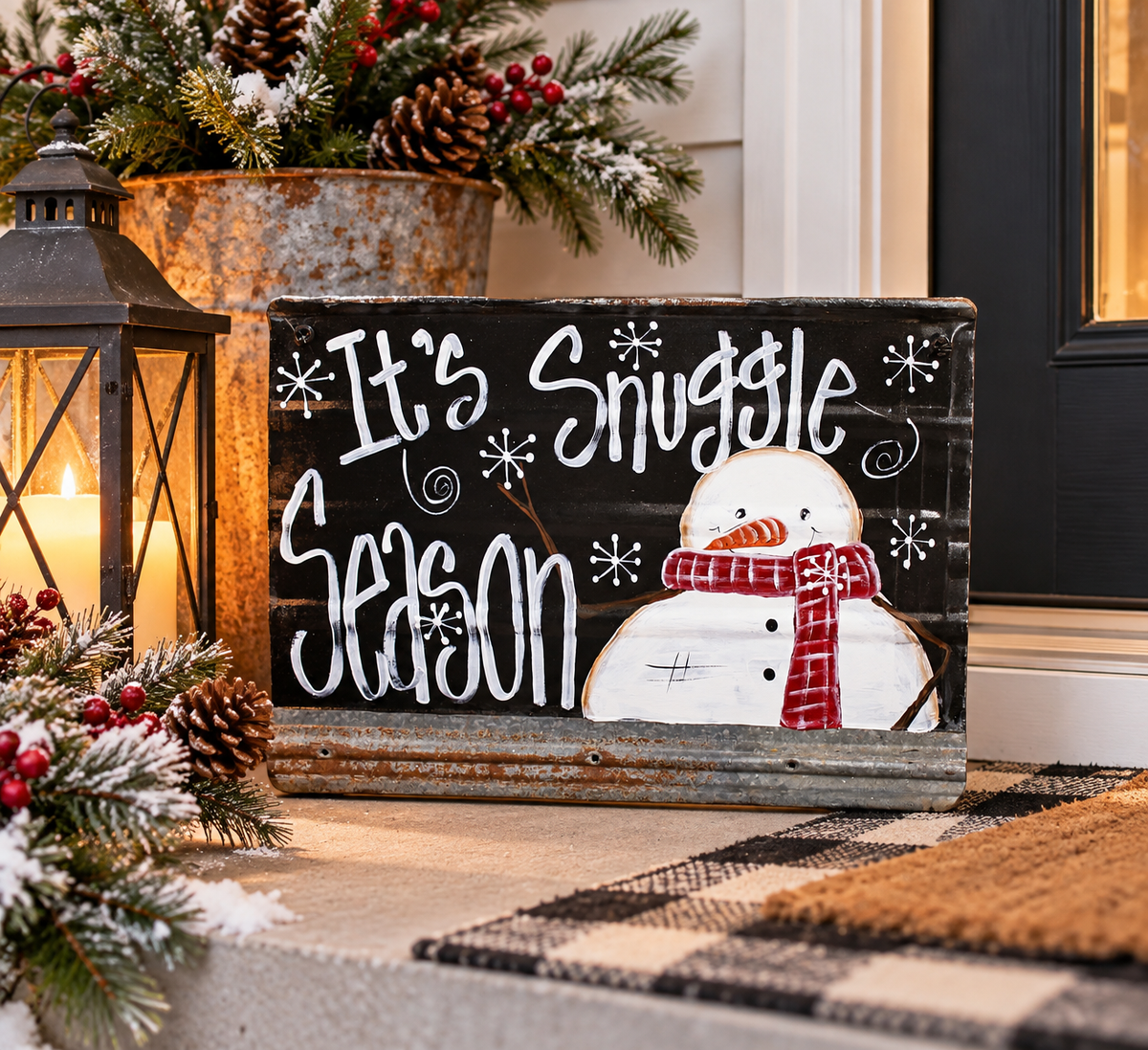 Hand-Painted Snuggle Snowman Tin Sign