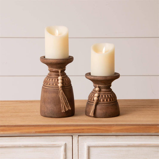 Candle Holders with Beaded Tassels (Set Of 02)