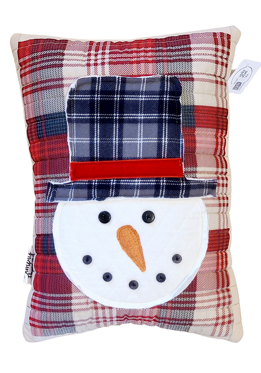 Frosty Red Quilted Handmade Snowman Pillow