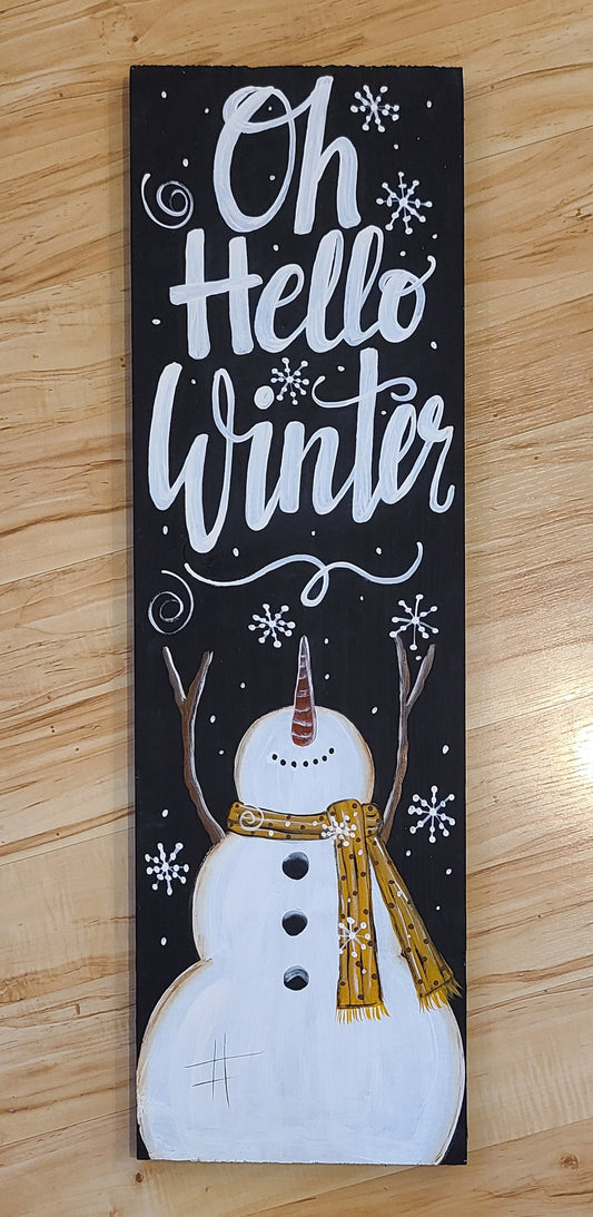 Hand-painted Hello Winter Snowman Sign