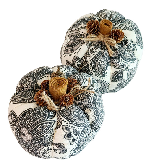 Handmade Black White Toile Pumpkins Set of 2